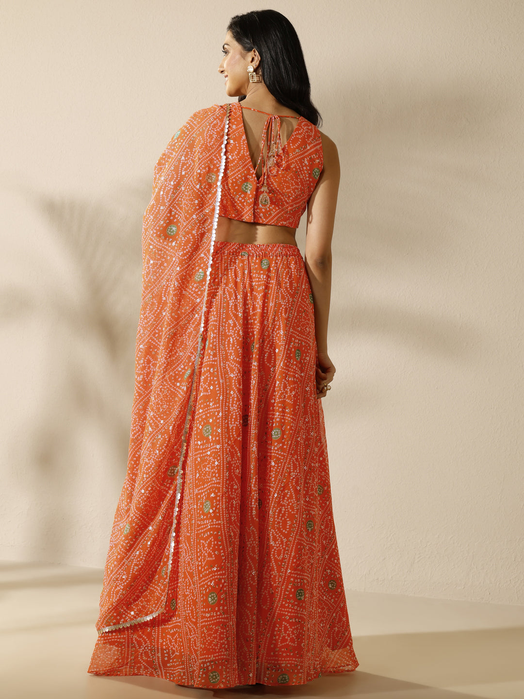  Orange Bandhani Printed Silk Chiffon Lehenga Set 
