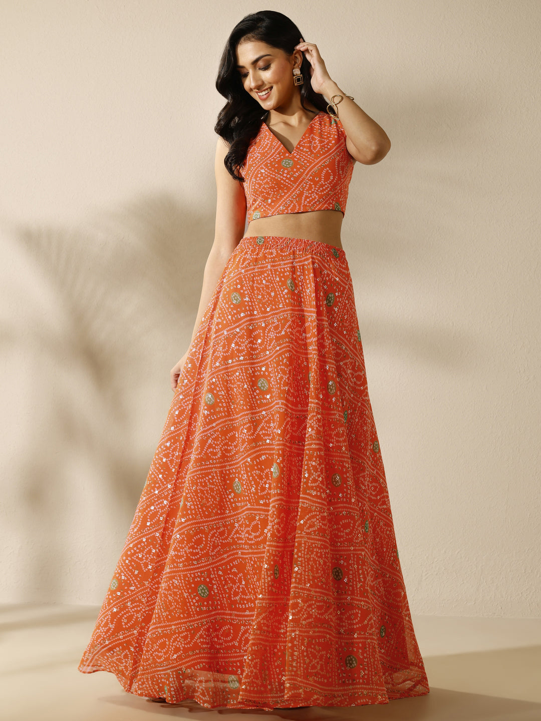  Orange Bandhani Printed Silk Chiffon Lehenga Set 
