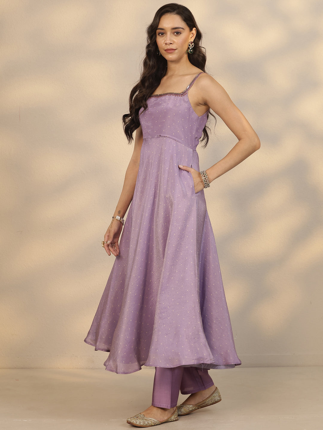  Purple Solid Silk Blend Anarkali Suit Set With Dupatta 