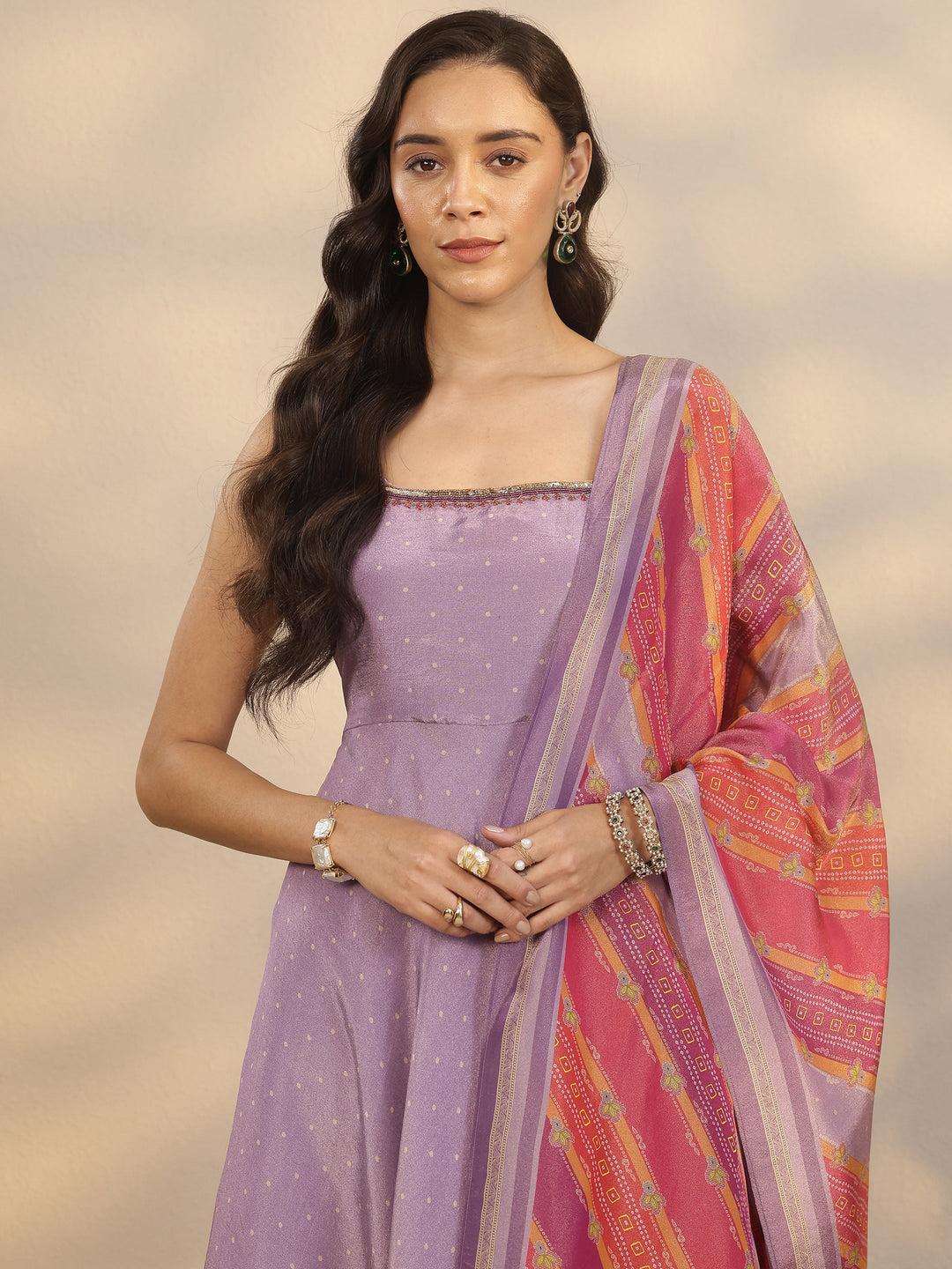  Purple Solid Silk Blend Anarkali Suit Set With Dupatta 