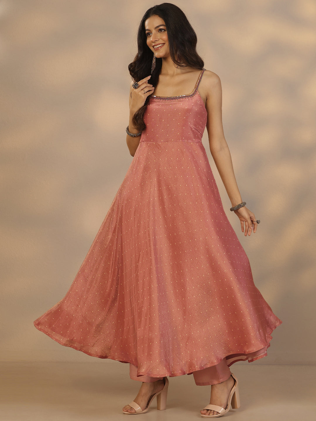  Rust Woven Design Silk Blend Anarkali Suit Set With Dupatta 