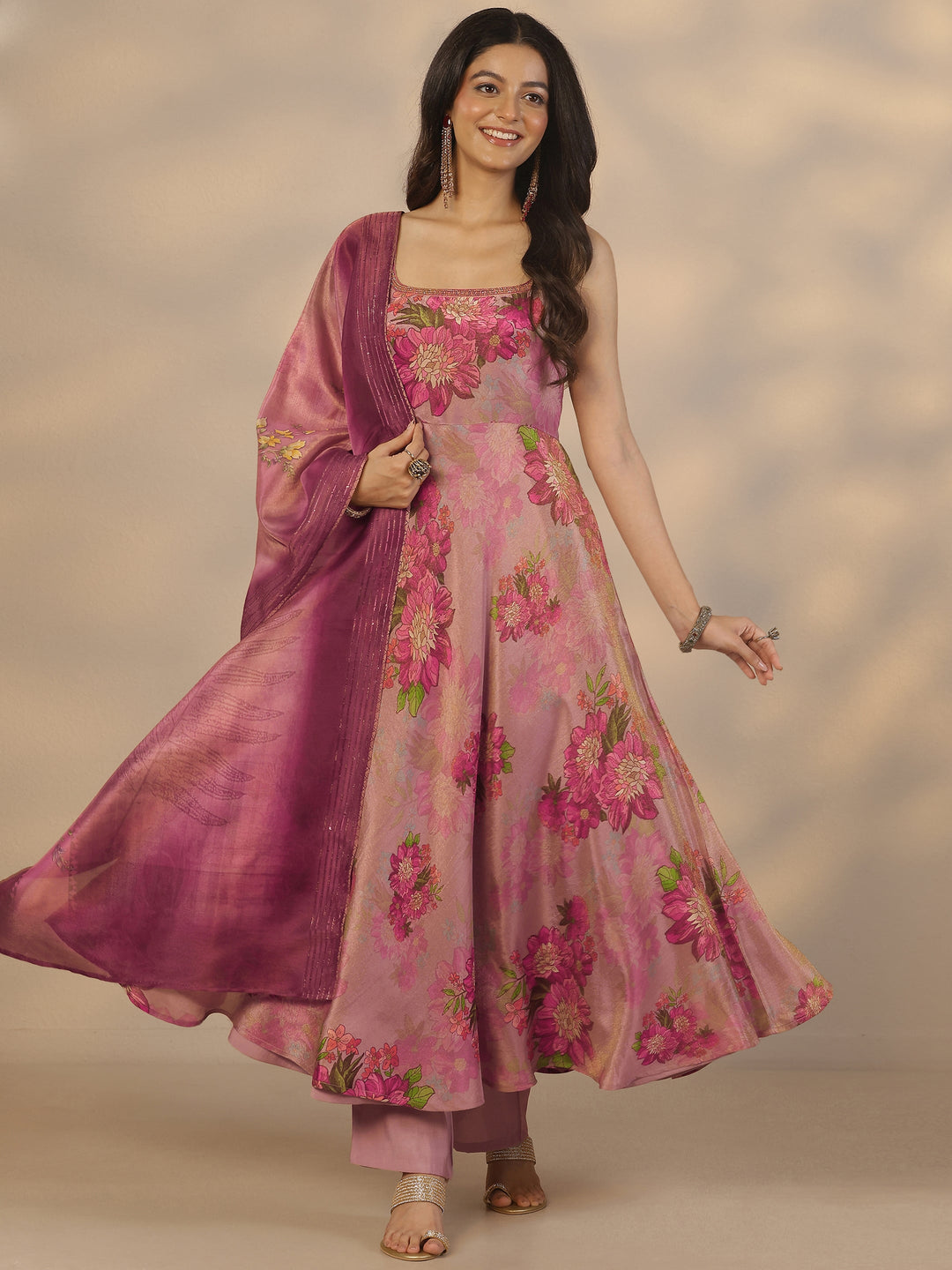  Mauve Printed Silk Blend Anarkali Suit Set With Dupatta 