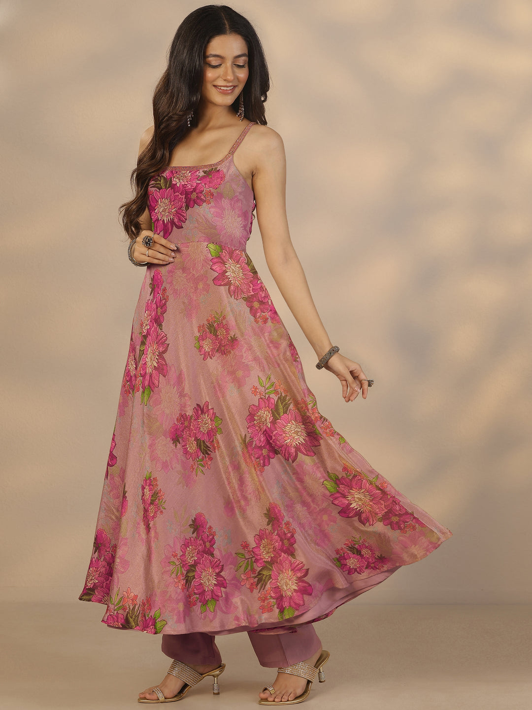  Mauve Printed Silk Blend Anarkali Suit Set With Dupatta 
