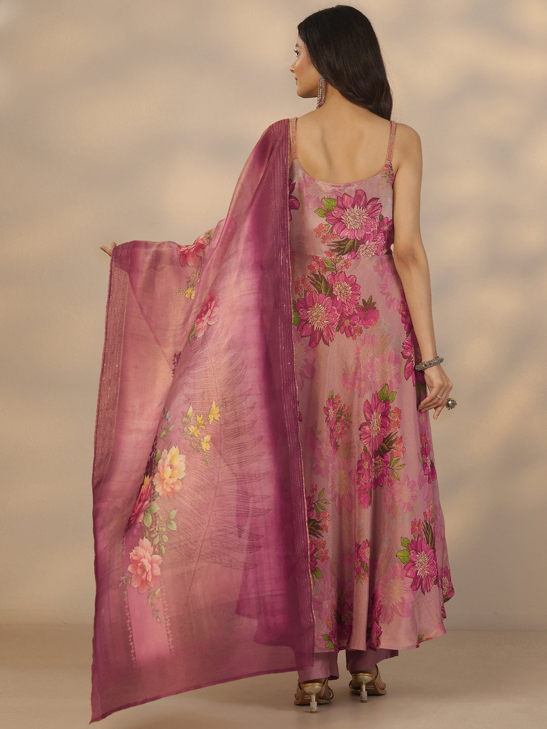  Mauve Printed Silk Blend Anarkali Suit Set With Dupatta 
