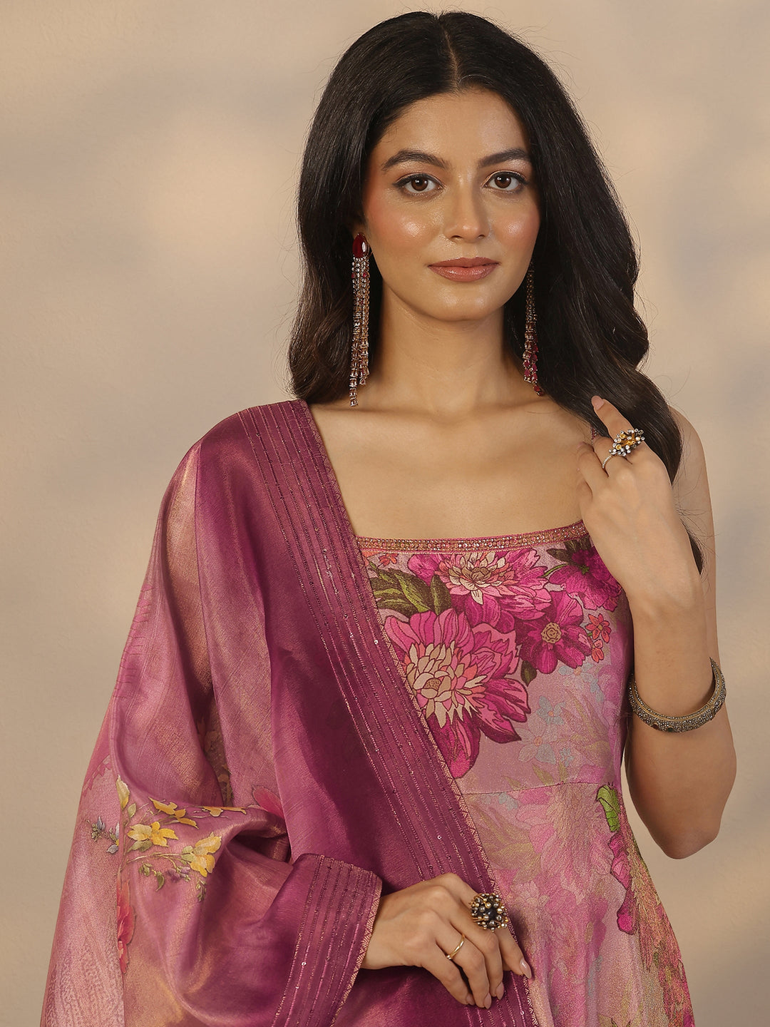  Mauve Printed Silk Blend Anarkali Suit Set With Dupatta 