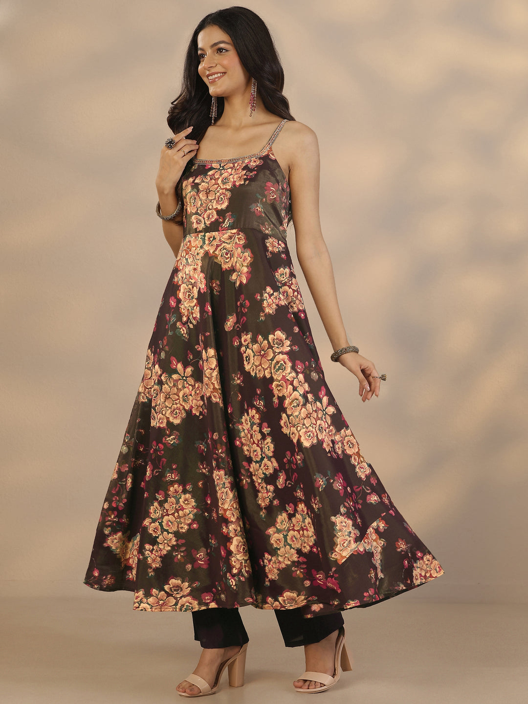  Burgundy Printed Silk Blend Anarkali Suit Set With Dupatta 