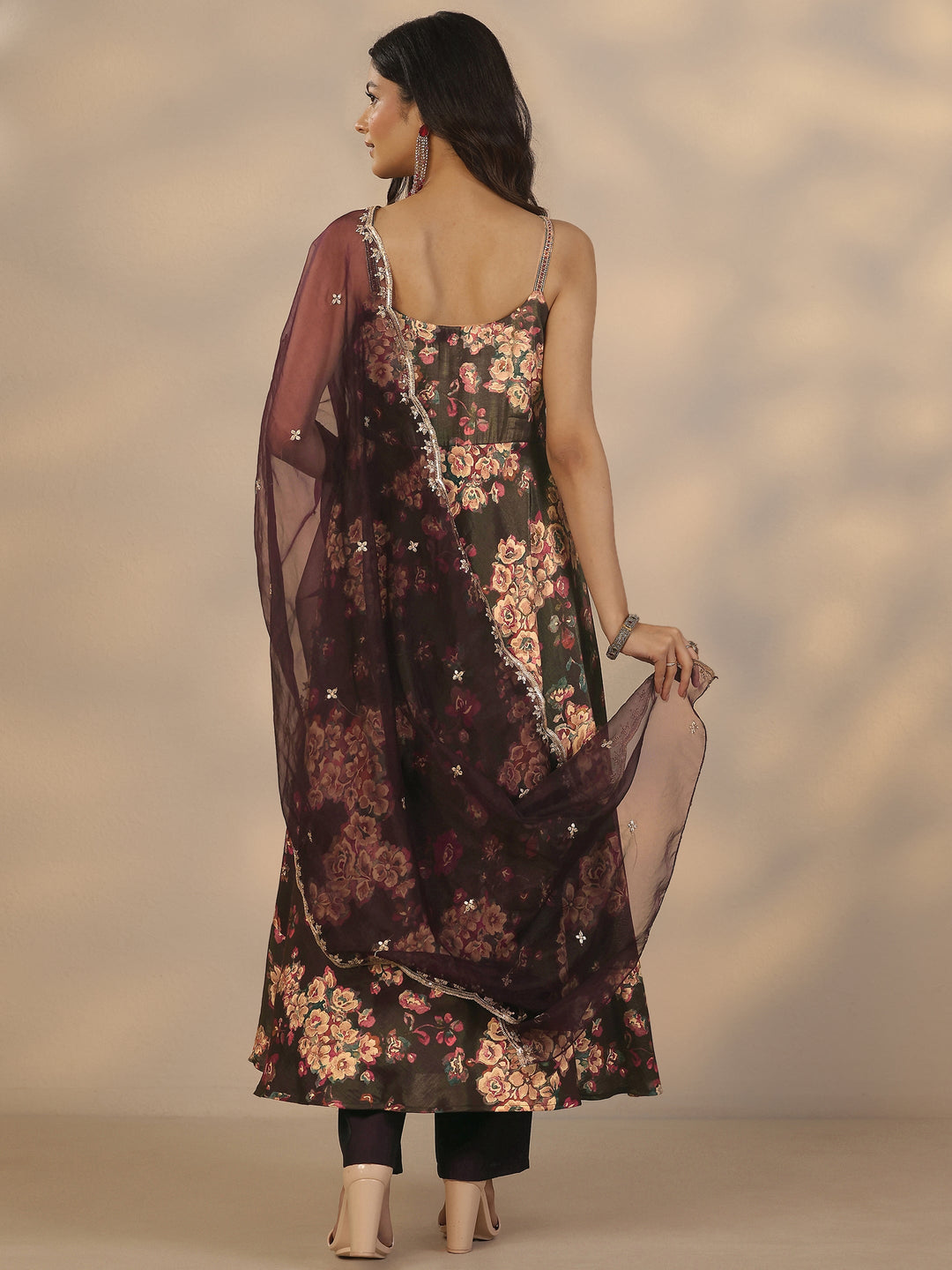  Burgundy Printed Silk Blend Anarkali Suit Set With Dupatta 