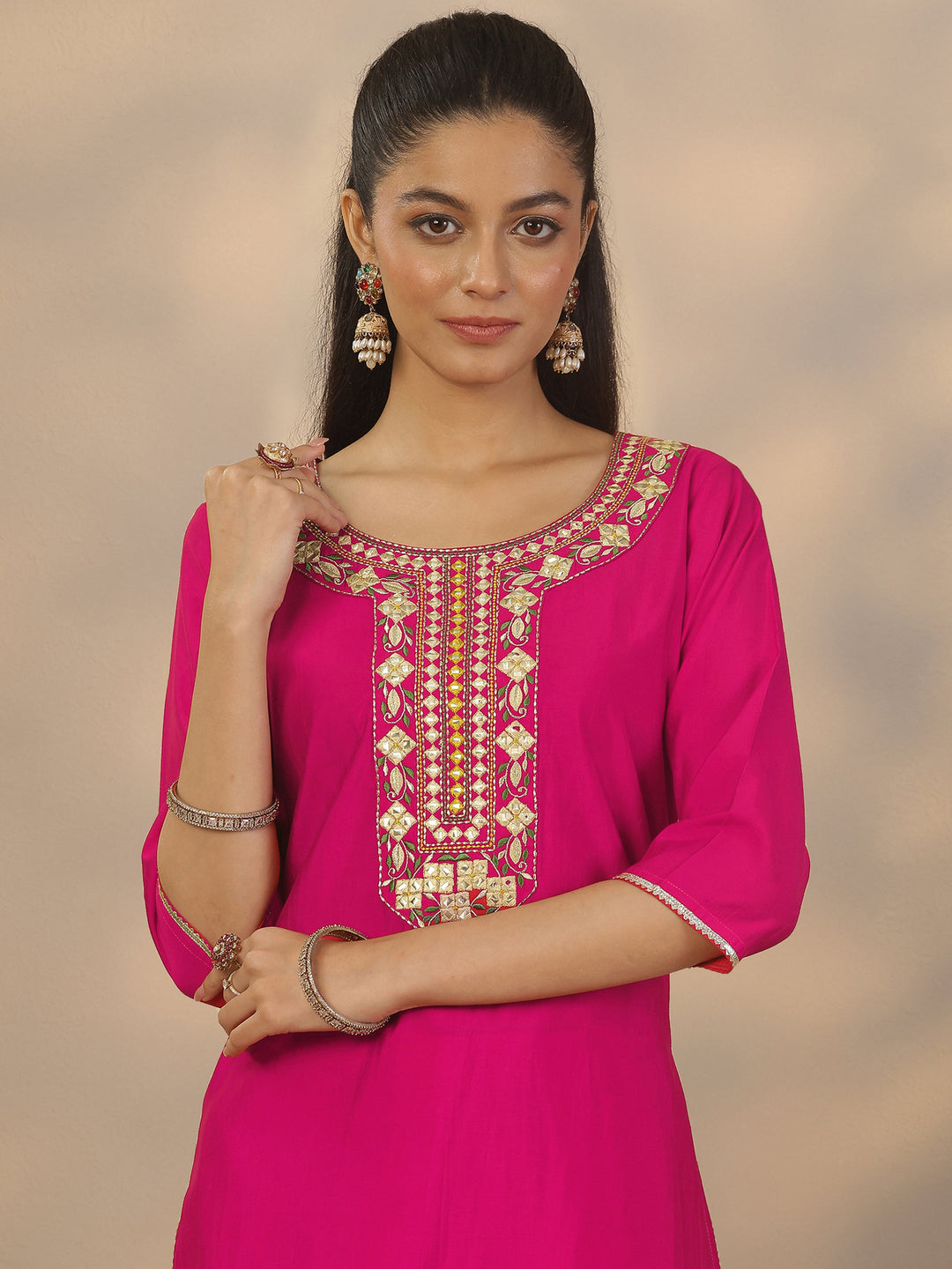  Pink Yoke Design Silk Blend Straight Suit Set With Dupatta 