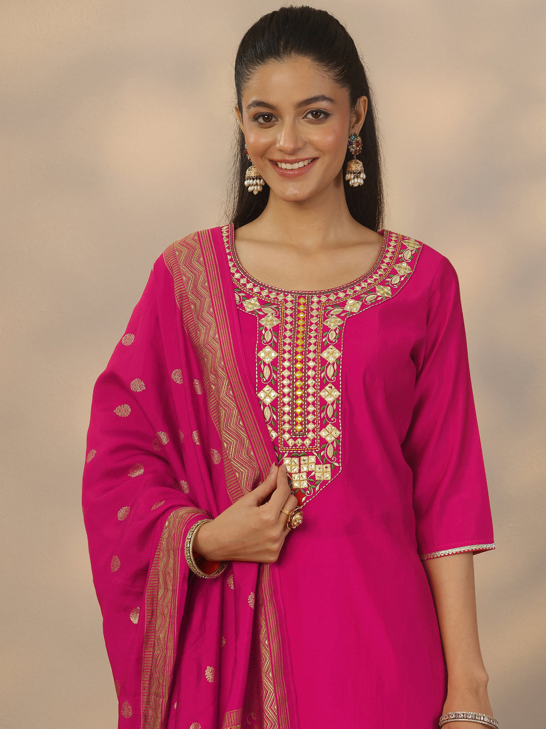  Pink Yoke Design Silk Blend Straight Suit Set With Dupatta 