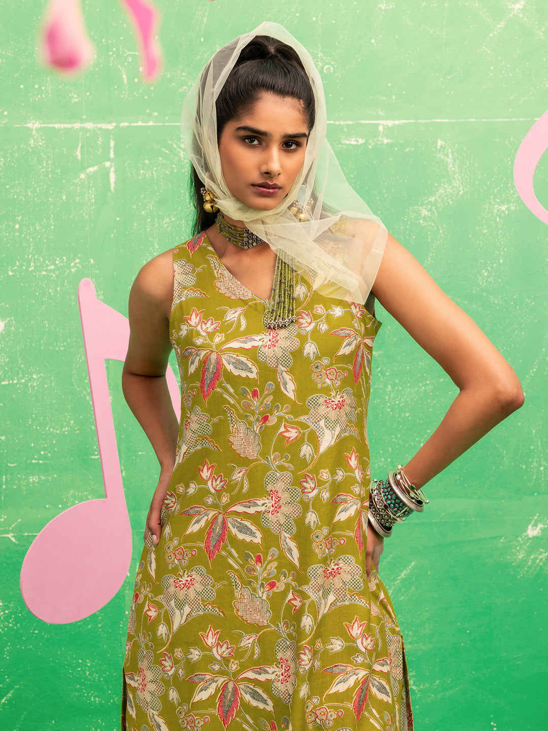 Senorita Green Printed Silk Blend Co-Ord Set