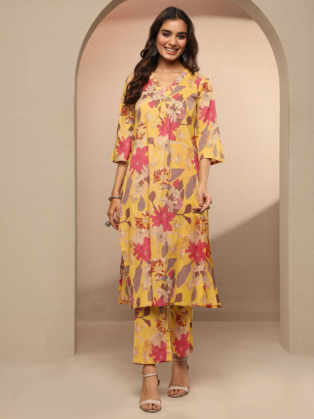  Yellow Printed Silk Blend Co-Ord Set 