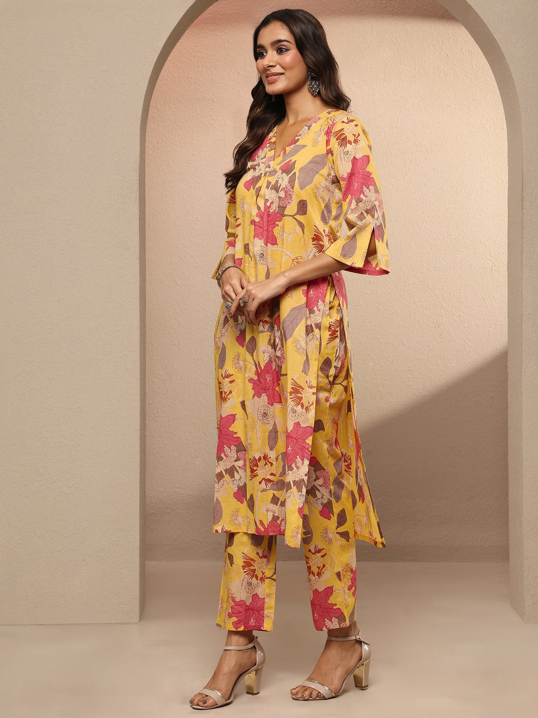  Yellow Printed Silk Blend Co-Ord Set 