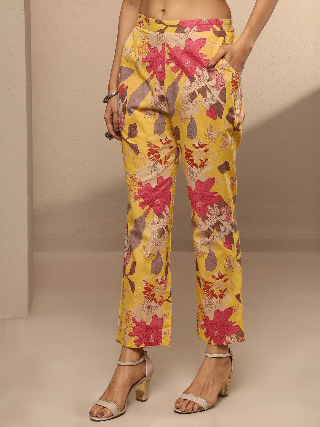  Yellow Printed Silk Blend Co-Ord Set 