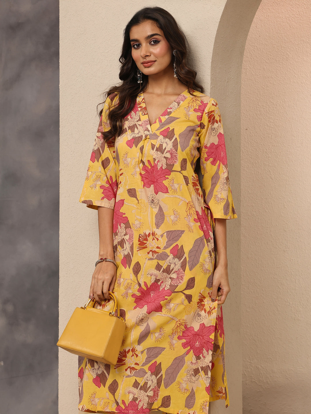  Yellow Printed Silk Blend Co-Ord Set 