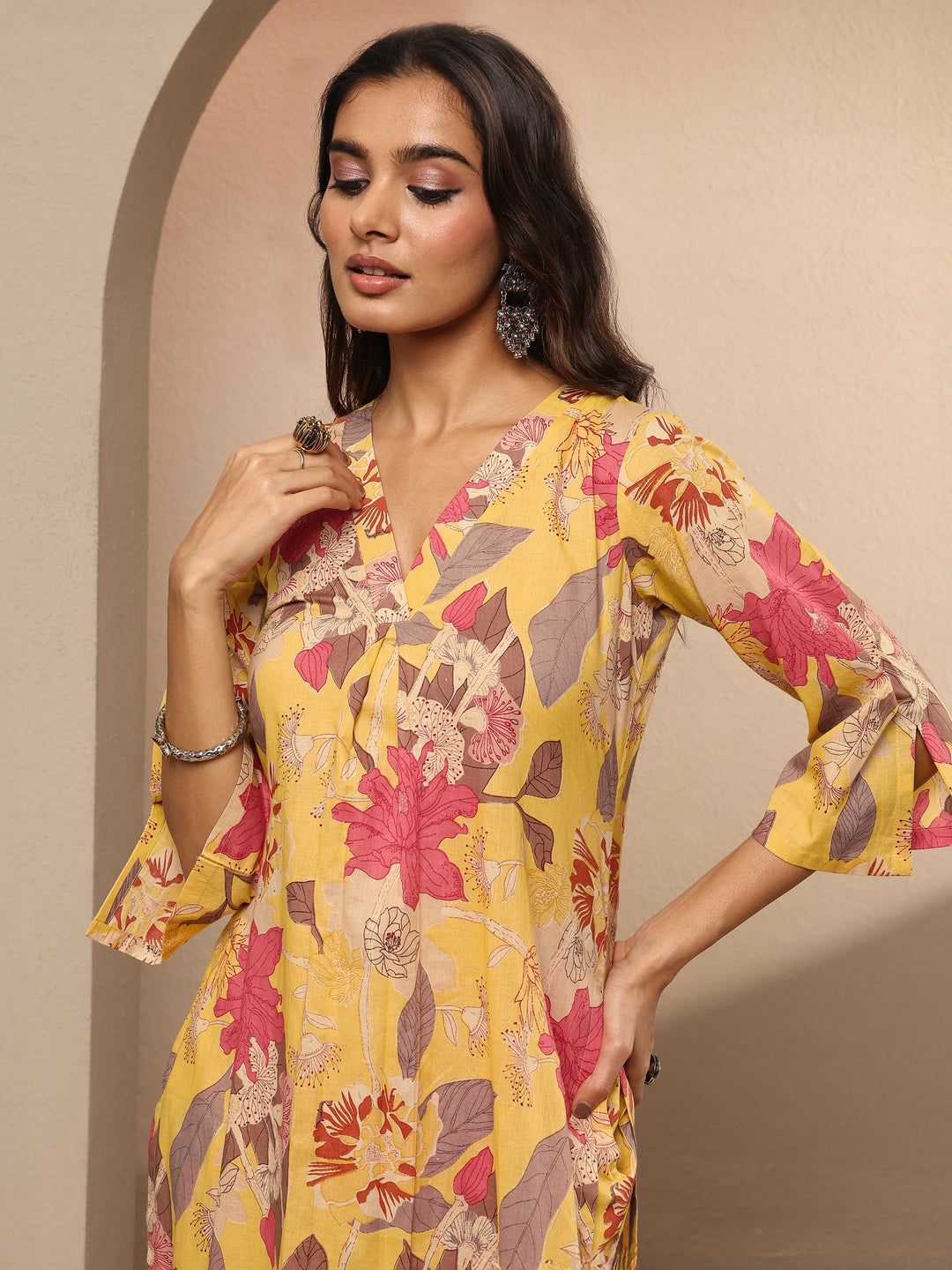  Yellow Printed Silk Blend Co-Ord Set 