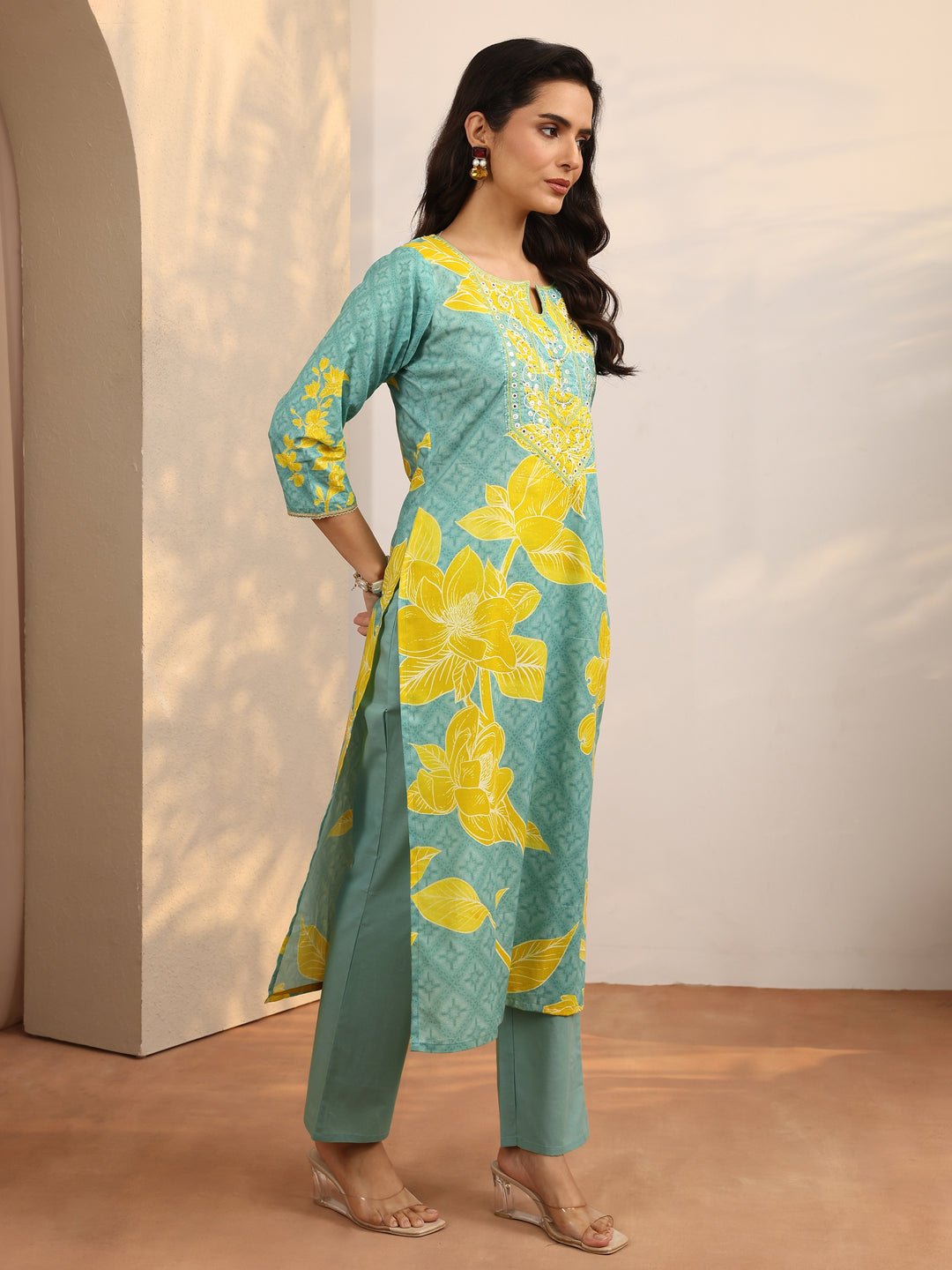  Blue Printed Cotton Straight Suit Set With Dupatta 