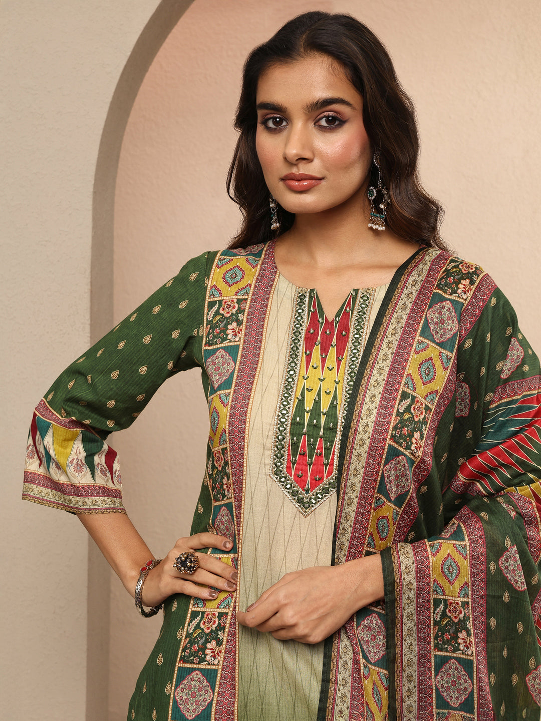  Green Printed Cotton Straight Suit Set With Dupatta 