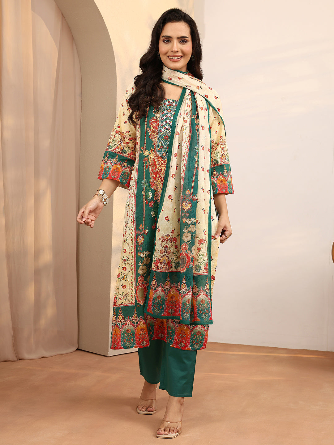  Multi Printed Cotton Straight Suit Set With Dupatta 