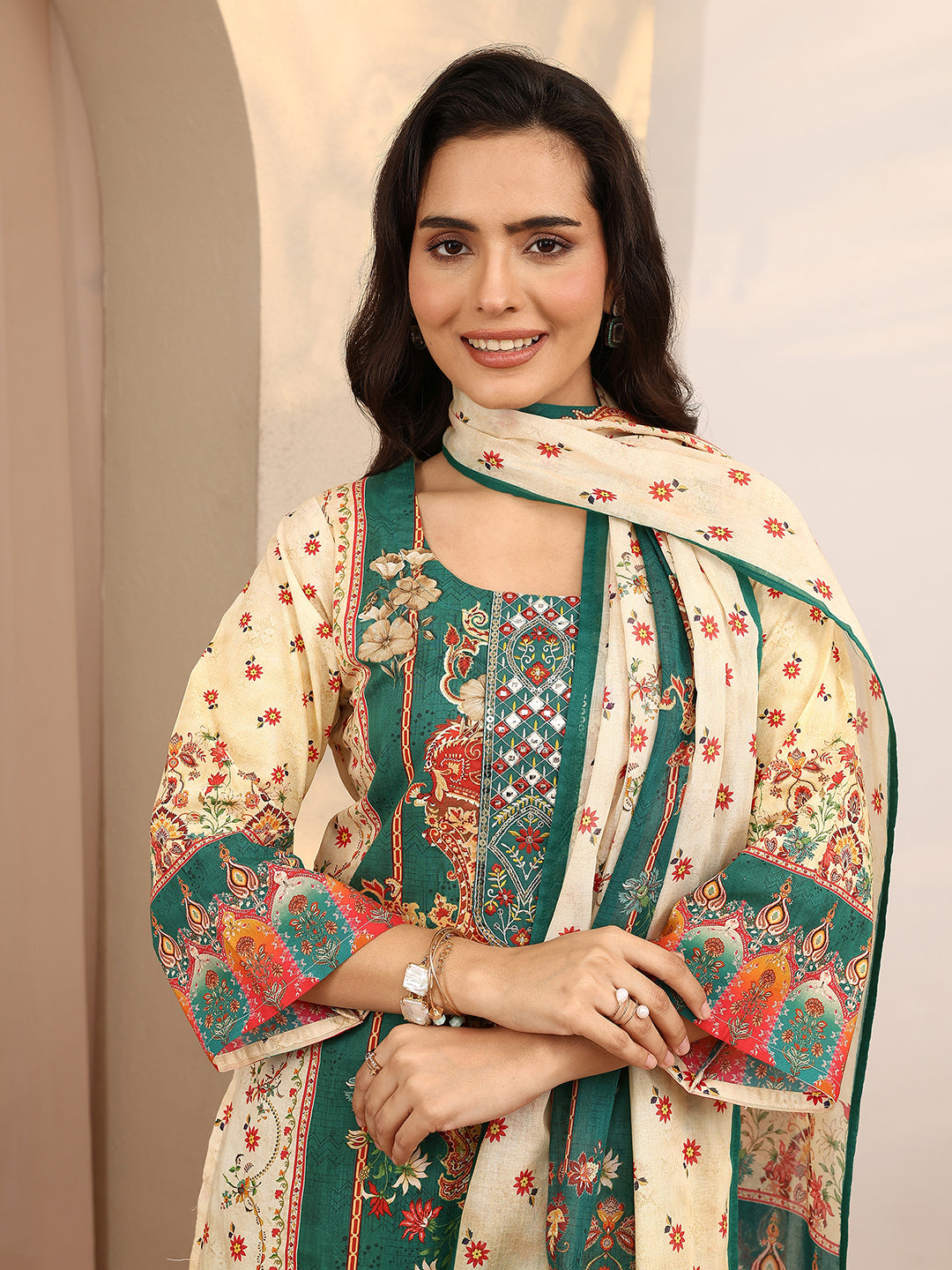  Multi Printed Cotton Straight Suit Set With Dupatta 