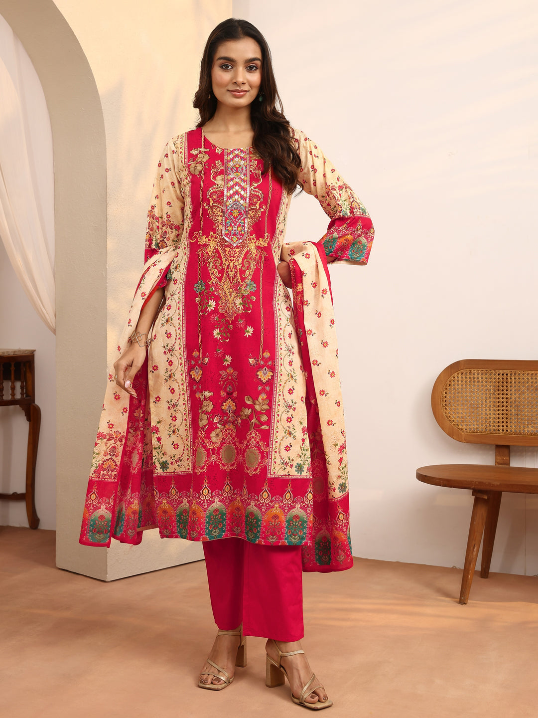  Red Printed Cotton Straight Suit Set With Dupatta 