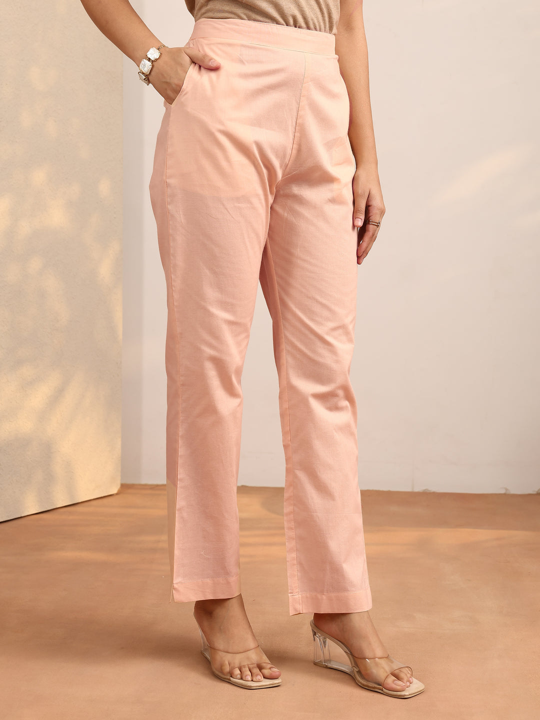  Peach Printed Cotton Straight Suit Set With Dupatta 