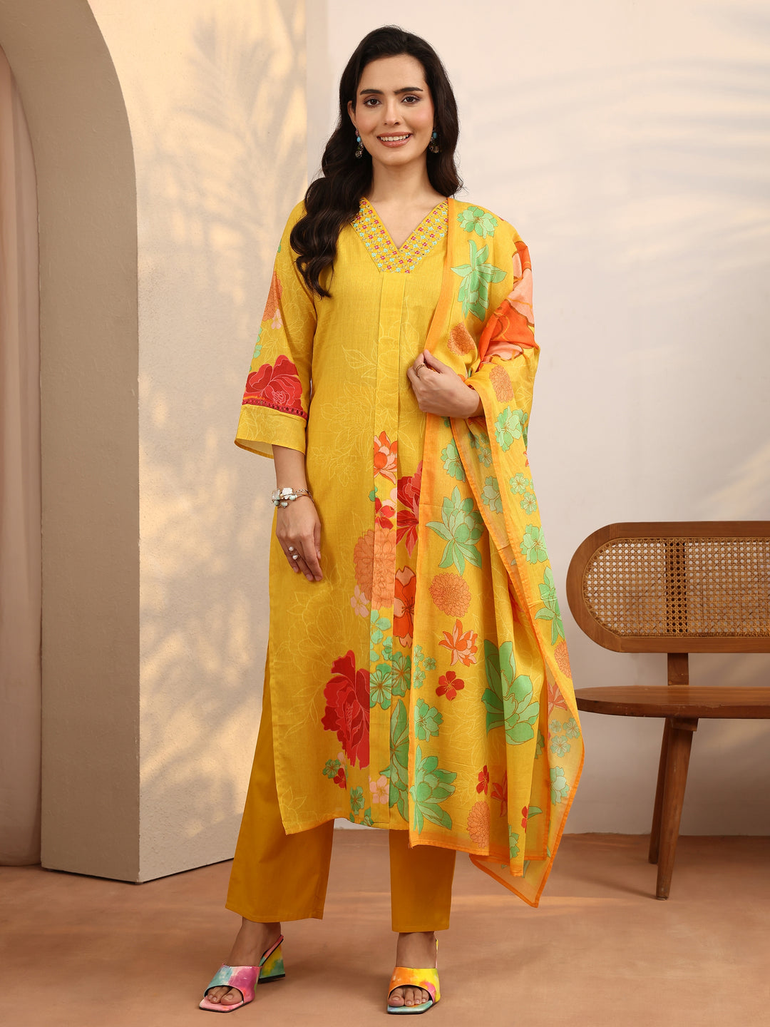  Yellow Printed Cotton Straight Suit Set With Dupatta 