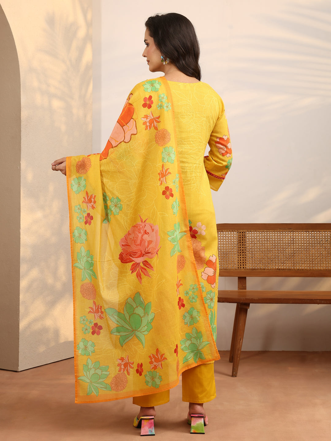  Yellow Printed Cotton Straight Suit Set With Dupatta 
