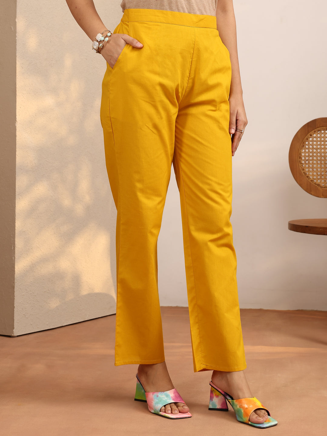  Yellow Printed Cotton Straight Suit Set With Dupatta 