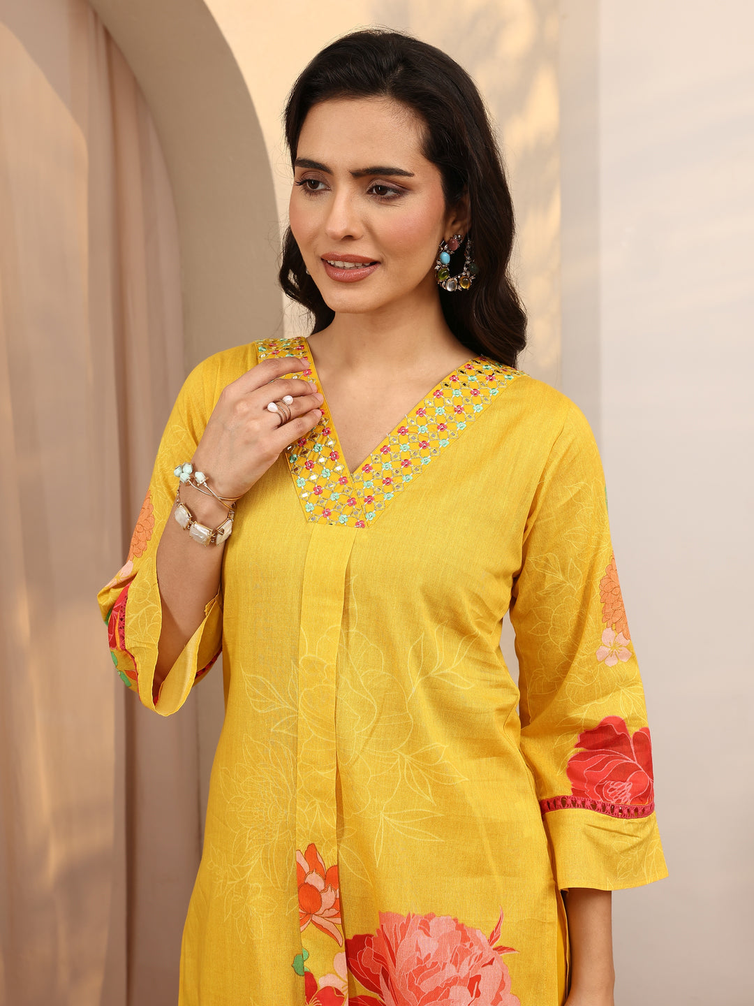  Yellow Printed Cotton Straight Suit Set With Dupatta 