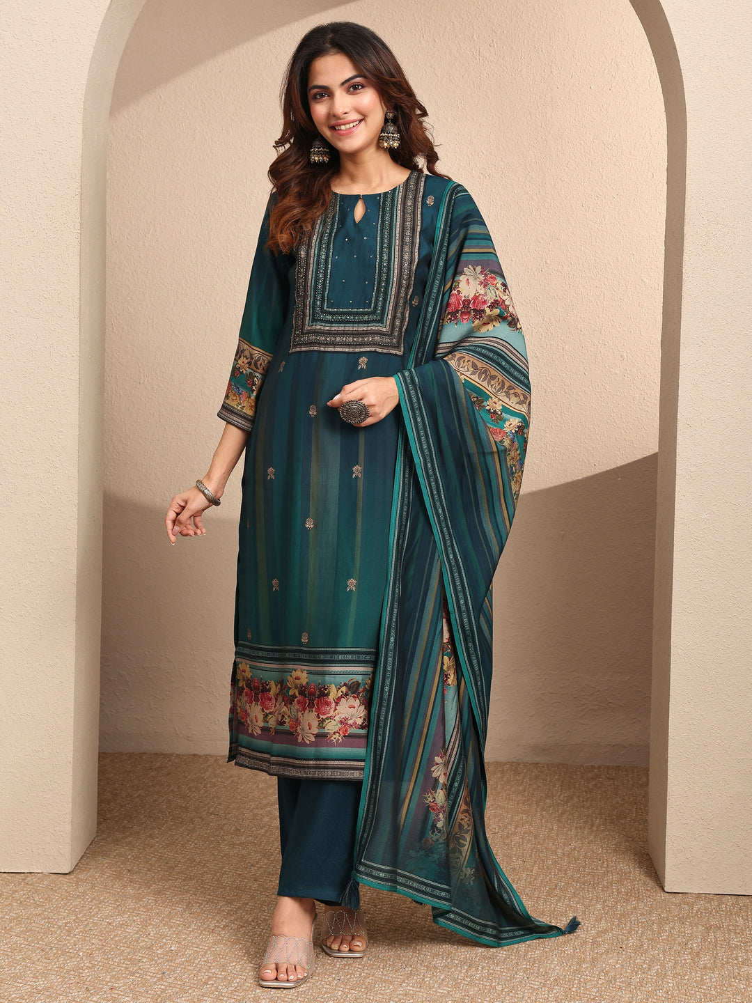  Teal Printed Silk blend Straight Suit Set With Dupatta 