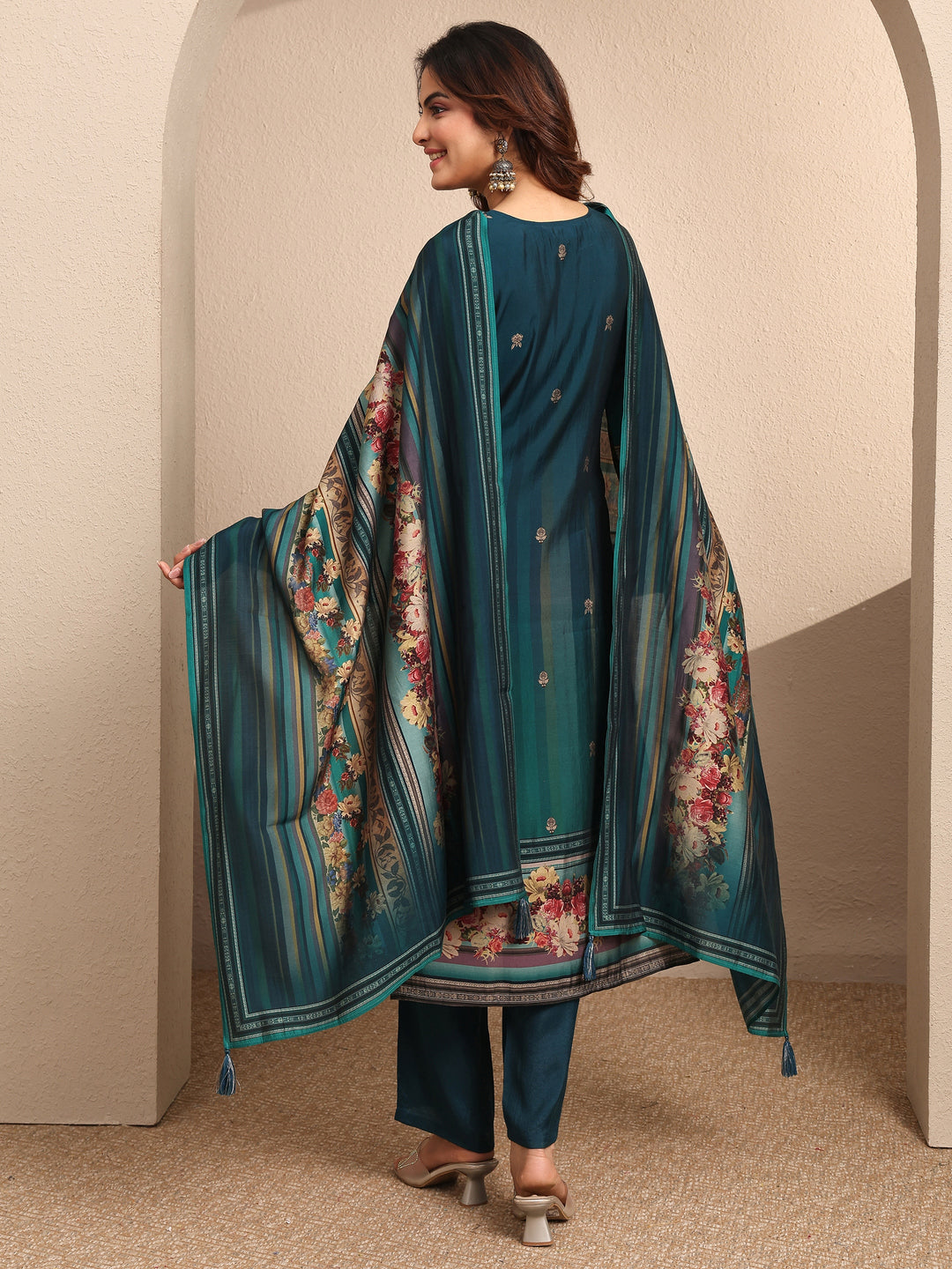  Teal Printed Silk blend Straight Suit Set With Dupatta 