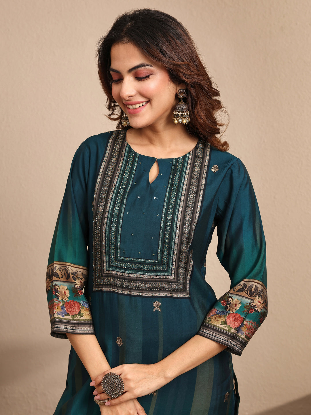  Teal Printed Silk blend Straight Suit Set With Dupatta 