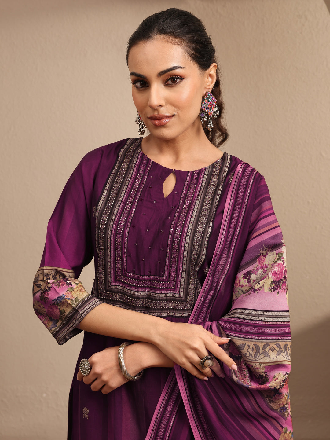  Burgundy Printed Silk blend Straight Suit Set With Dupatta 