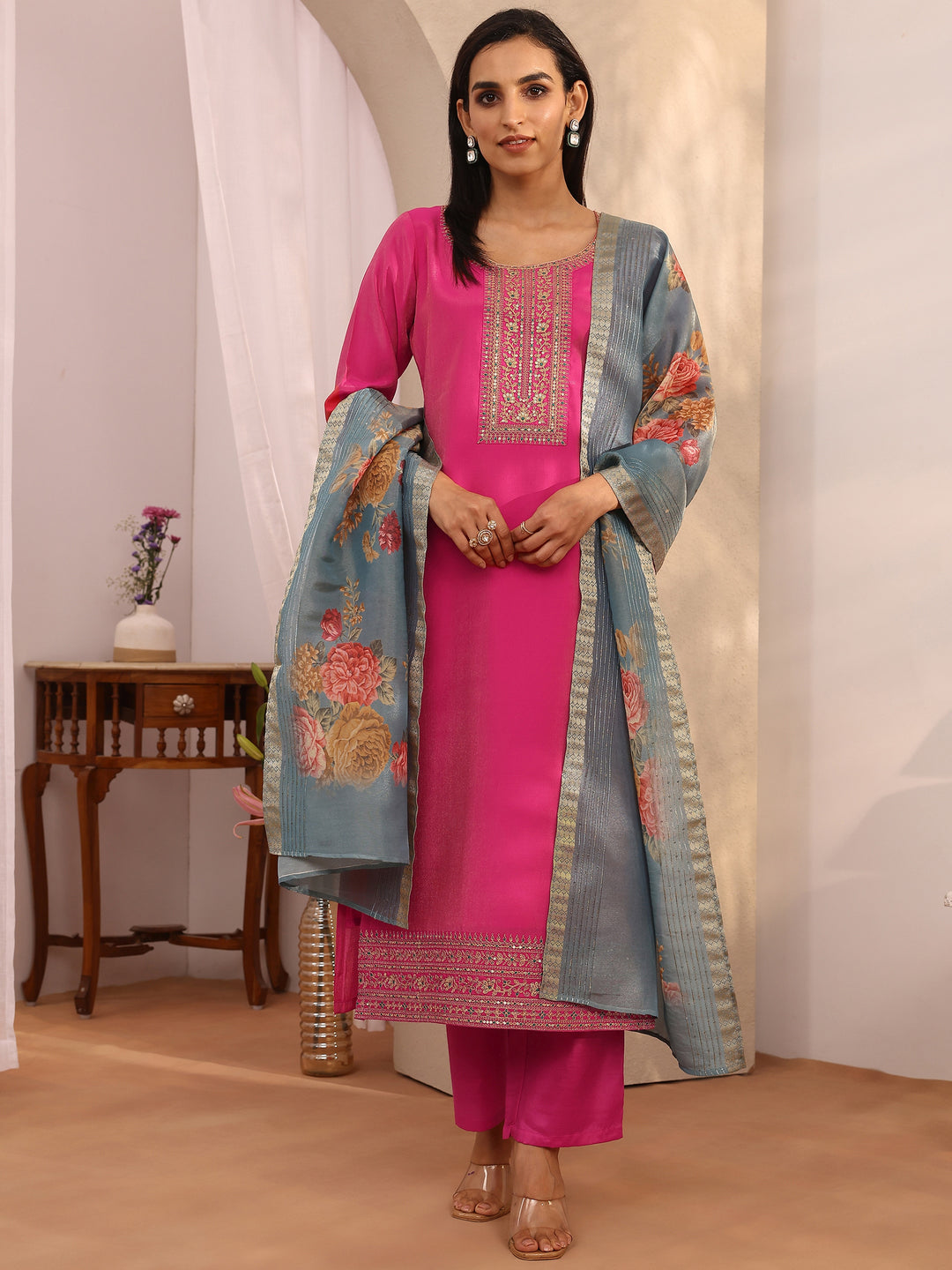  Pink Embroidered Silk Blend Straight Suit Set With Dupatta 