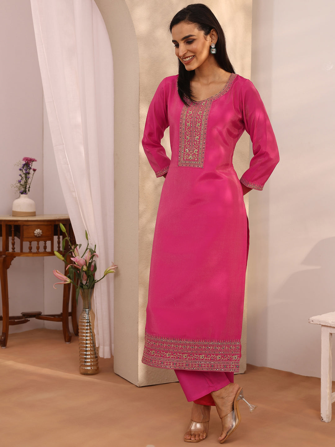  Pink Embroidered Silk Blend Straight Suit Set With Dupatta 