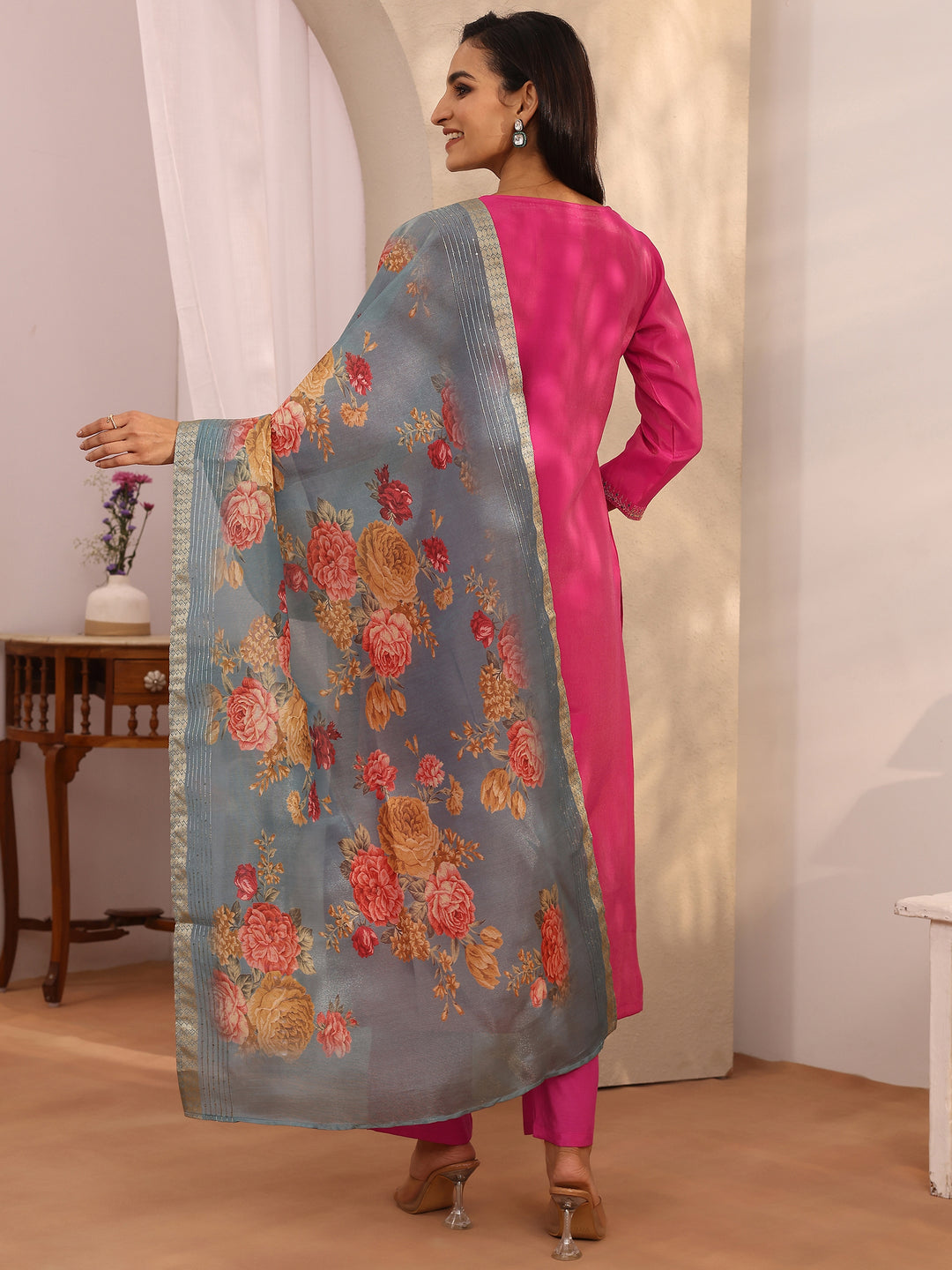  Pink Embroidered Silk Blend Straight Suit Set With Dupatta 
