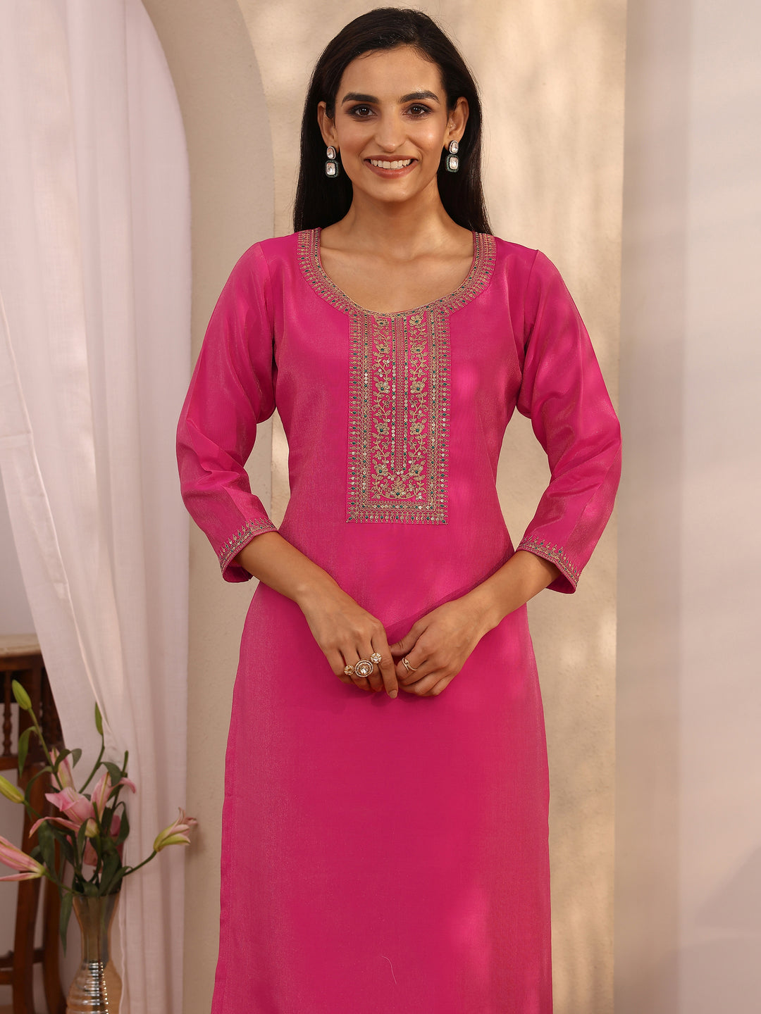  Pink Embroidered Silk Blend Straight Suit Set With Dupatta 