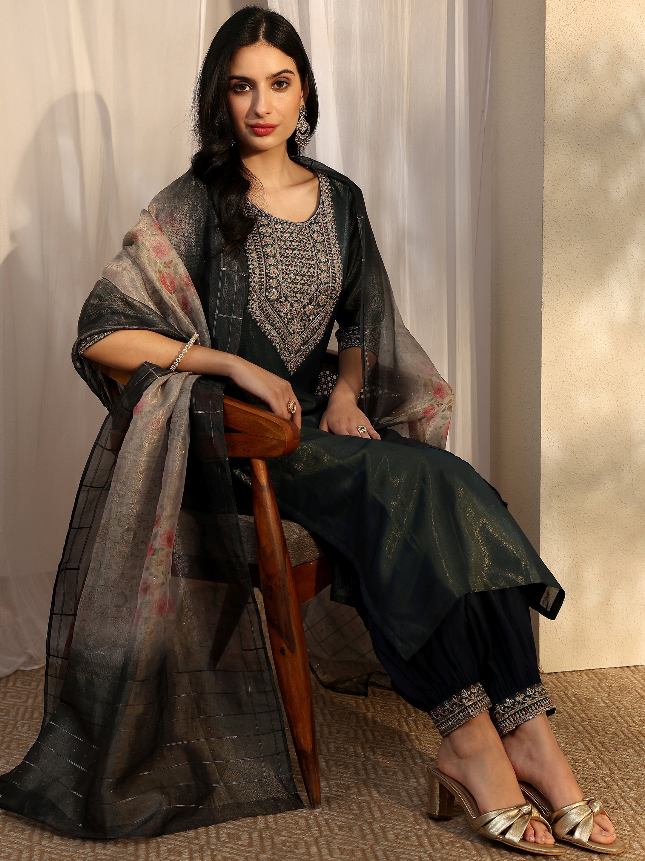 libas Blue Yoke Design Silk Blend Straight Suit Set With Dupatta-picture-31