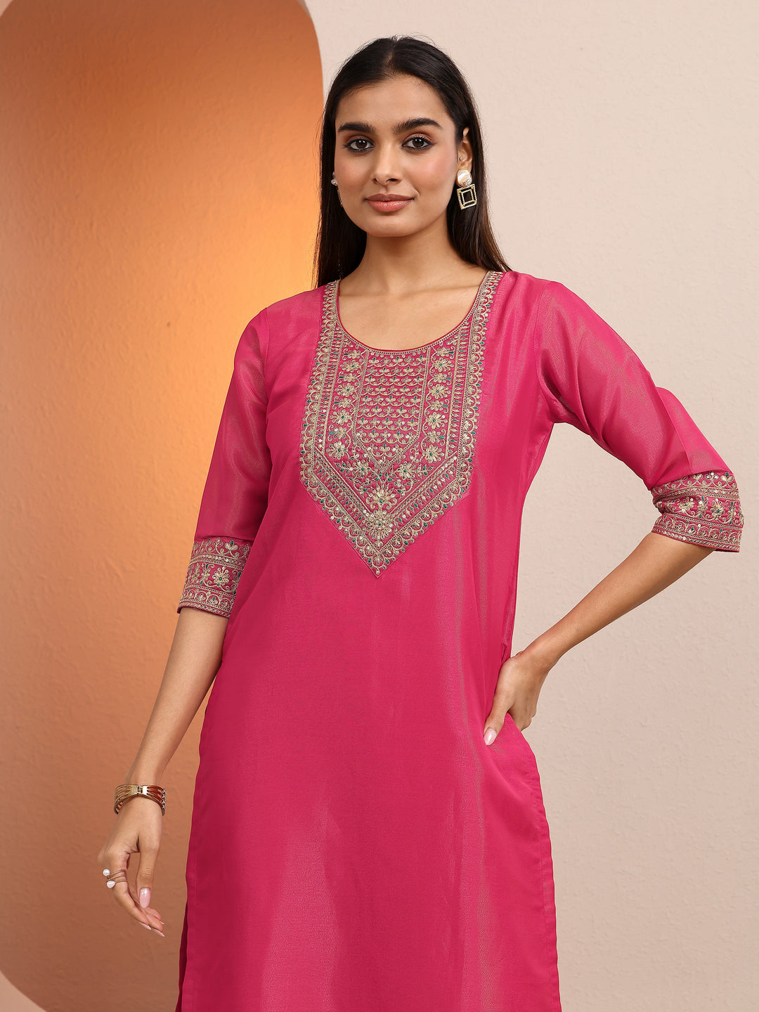  Pink Embroidered Silk Blend Straight Suit Set With Dupatta 