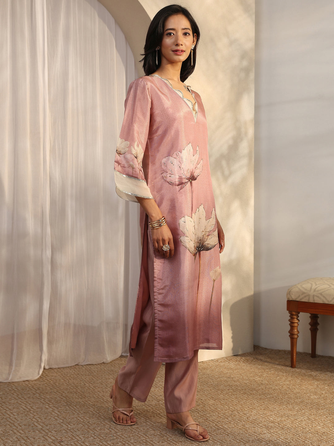  Pink Printed Silk Blend Straight Suit Set With Dupatta 