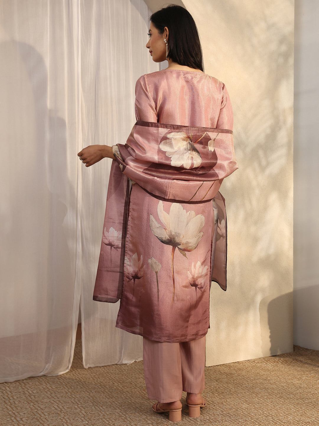  Pink Printed Silk Blend Straight Suit Set With Dupatta 