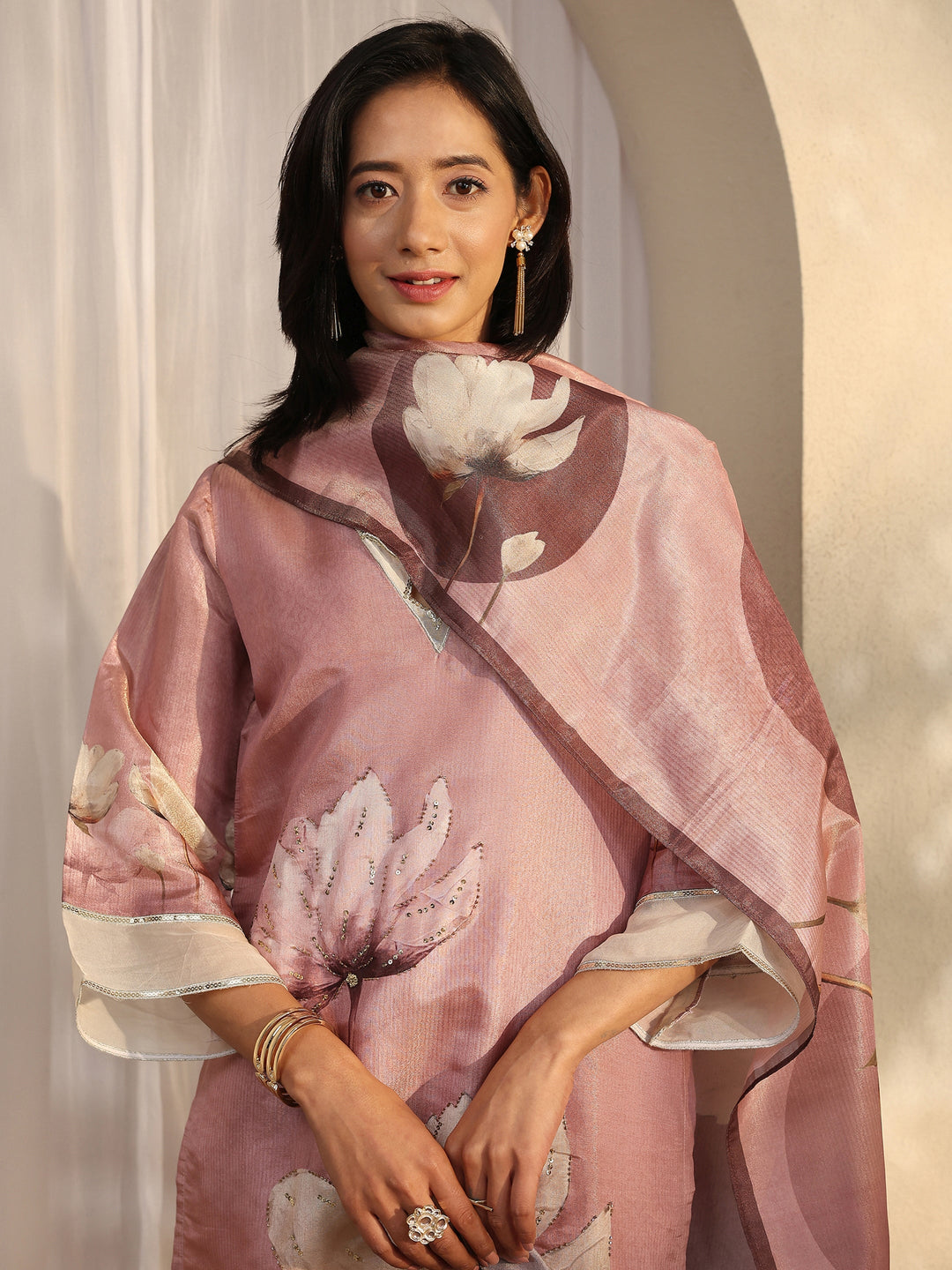  Pink Printed Silk Blend Straight Suit Set With Dupatta 