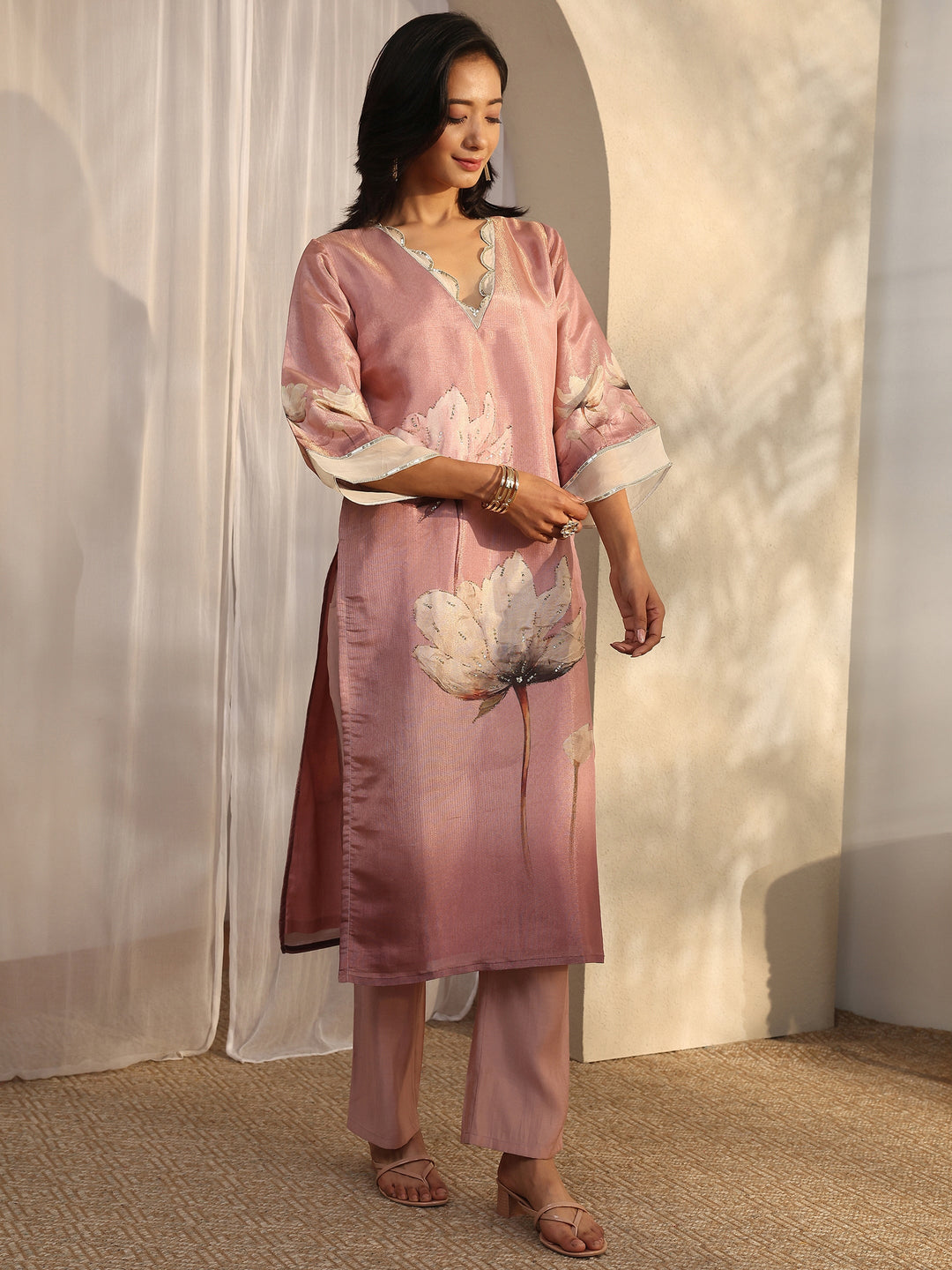  Pink Printed Silk Blend Straight Suit Set With Dupatta 