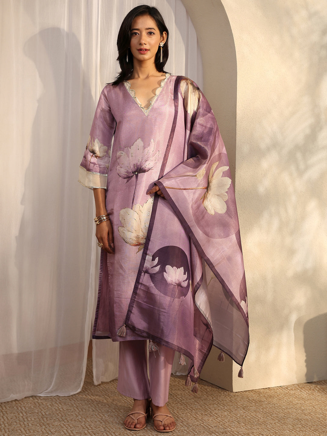 Lavender Printed Silk Blend Straight Suit Set With Dupatta