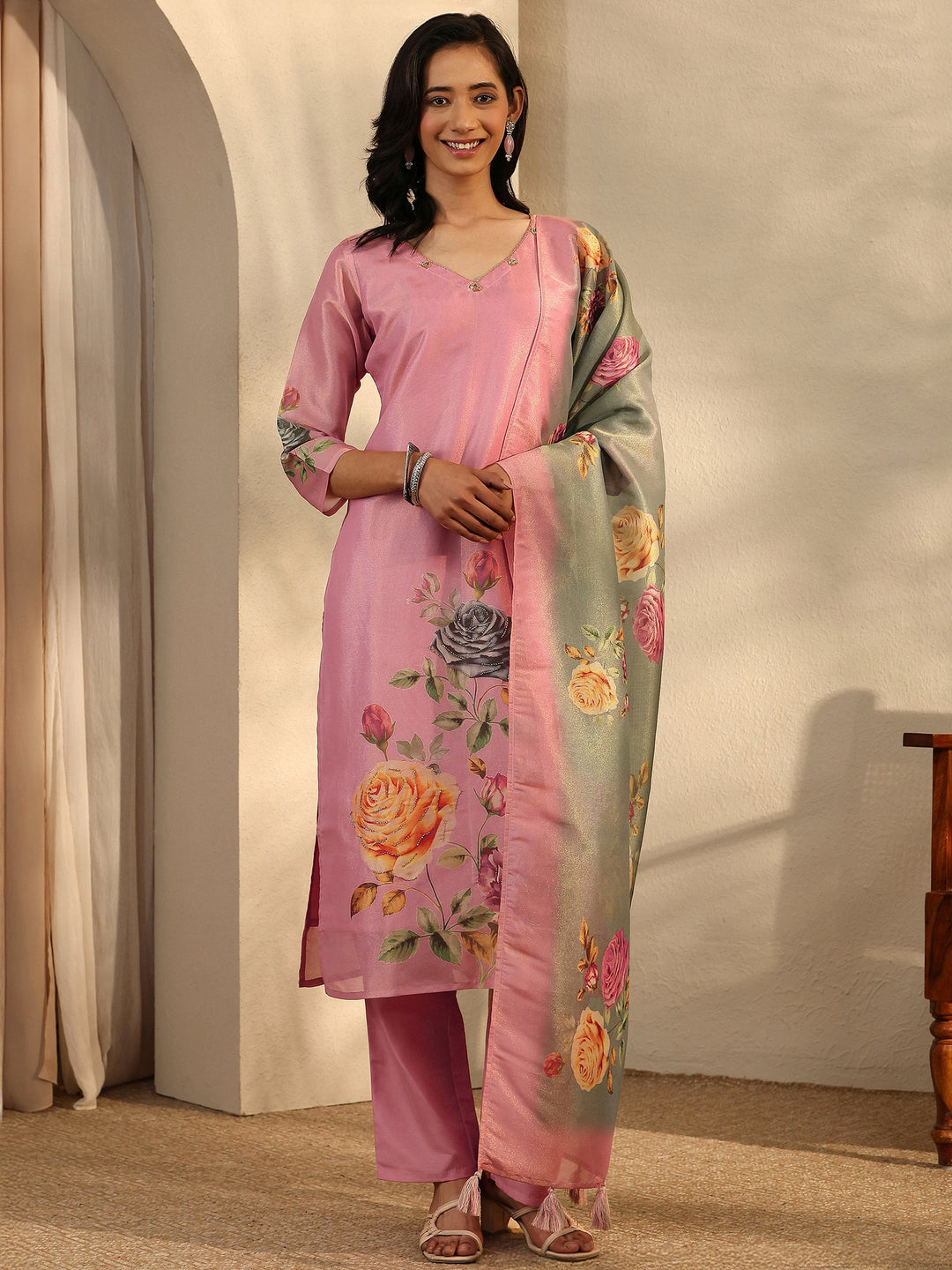  Pink Printed Silk Blend Straight Suit Set With Dupatta 
