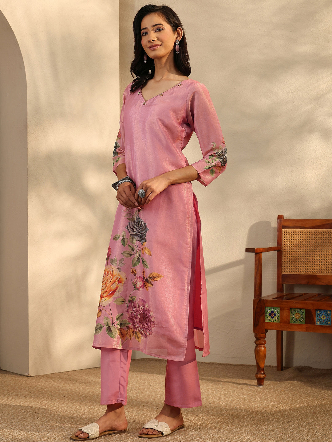  Pink Printed Silk Blend Straight Suit Set With Dupatta 