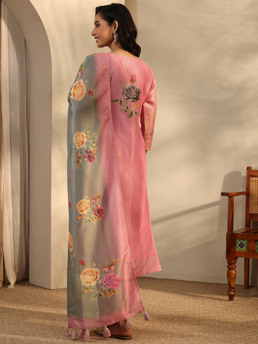  Pink Printed Silk Blend Straight Suit Set With Dupatta 