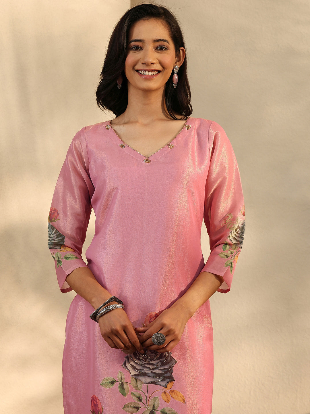  Pink Printed Silk Blend Straight Suit Set With Dupatta 