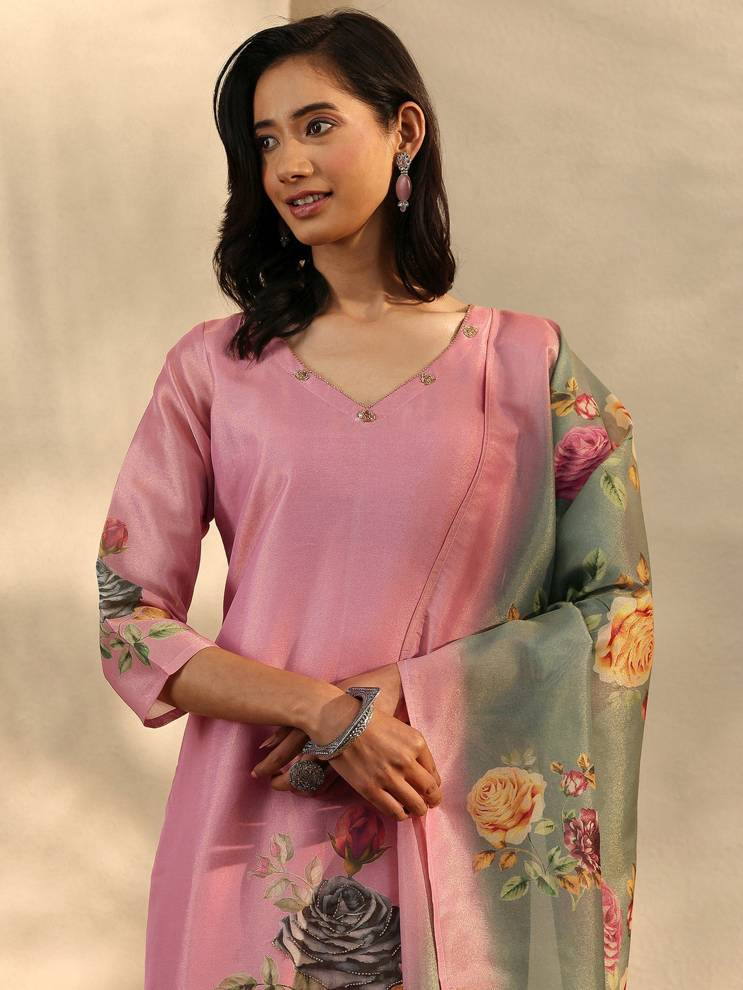  Pink Printed Silk Blend Straight Suit Set With Dupatta 