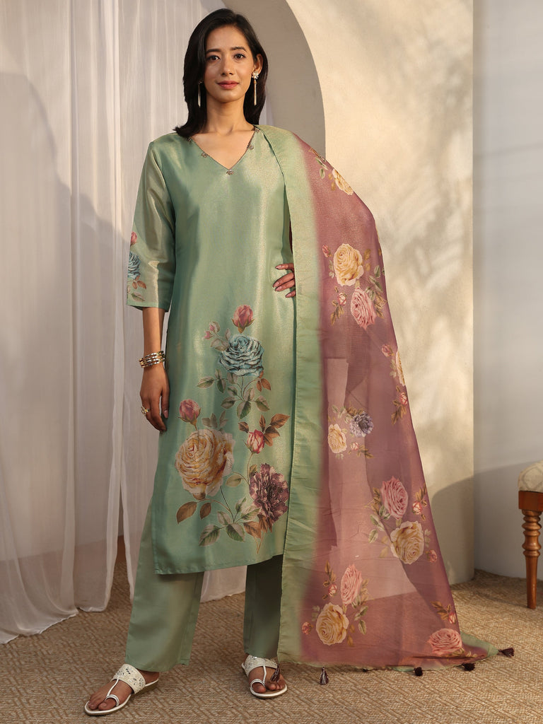 Libas Green Printed Silk Blend Straight Suit Set With Dupatta